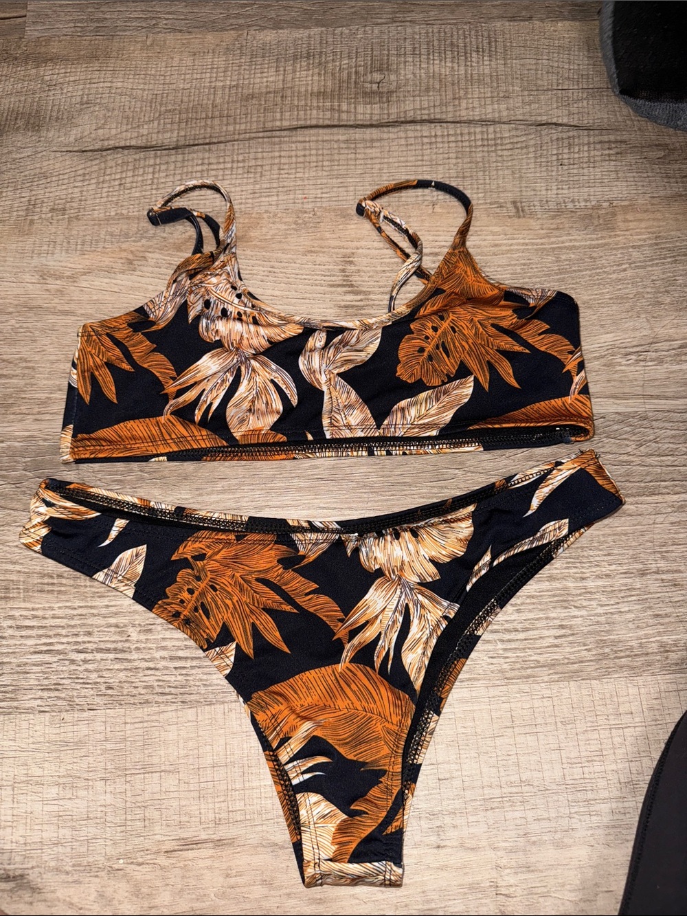 PrettyLittleThing Black & Orange Tropical Leaf Two-Piece Bikini